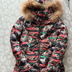 Reindeer Pattern Puffer Jacket with Fur Hood